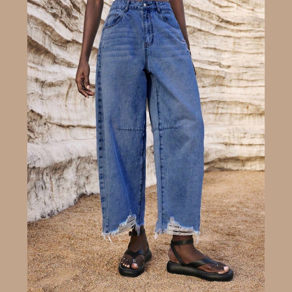 Blue Denim Jeans with Distressed Hem